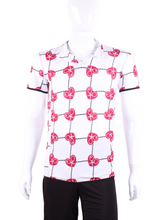 Load image into Gallery viewer, Short Men’s Polo Shirt Raspberry Red Hearts &amp; Net. This is our limited edition Men’s Polo with Rasp Red Hearts and Net.   This piece has a silky and soft fabric.   We make these in very small quantities - by design.  Unique.  Luxurious.  Comfortable.  Cool.  Fun.

