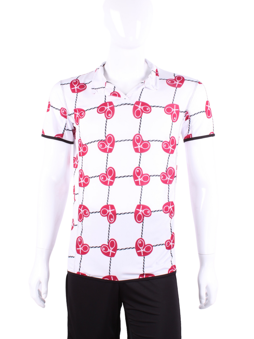 Short Men’s Polo Shirt Raspberry Red Hearts & Net. This is our limited edition Men’s Polo with Rasp Red Hearts and Net.   This piece has a silky and soft fabric.   We make these in very small quantities - by design.  Unique.  Luxurious.  Comfortable.  Cool.  Fun.