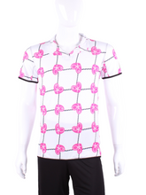 Load image into Gallery viewer, This is our limited edition Men’s Polo with Pink Hearts and Net.   This piece has a silky and soft fabric.   We make these in very small quantities - by design.  Unique.  Luxurious.  Comfortable.  Cool.  Fun.
