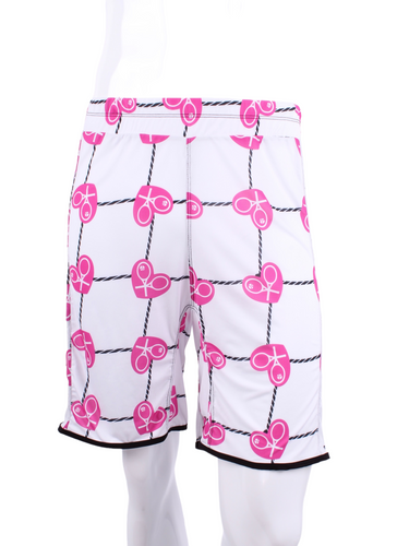 This is our limited edition Men’s Short with Pink Hearts and Net.  This piece are sewn with silky and soft fabric.  Two back pockets that hold tennis balls.  We make these in very small quantities - by design.  Unique.  Luxurious.  Comfortable.  Cool.  Fun.