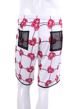 Load image into Gallery viewer, This is our limited edition Men’s Shorts with Raspberry Red Hearts and Net.  This piece has a silky and soft fabric. Back pockets to hold tennis balls.  We make these in very small quantities - by design.  Unique.  Luxurious.  Comfortable.  Cool.  Fun.
