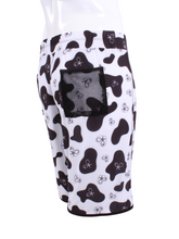 Load image into Gallery viewer, This is our limited edition Short Men’s Shorts in Cow Print.  This piece has a silky and soft fabric.   We make these in very small quantities - by design.  Unique.  Luxurious.  Comfortable.  Cool.  Fun.
