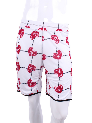 This is our limited edition Men’s Shorts with Raspberry Red Hearts and Net.  This piece has a silky and soft fabric. Back pockets to hold tennis balls.  We make these in very small quantities - by design.  Unique.  Luxurious.  Comfortable.  Cool.  Fun.