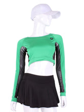 Load image into Gallery viewer, These short tops offer great chest and arm protection from the sun, but have mesh under the arm to keep you COOL while you play.  Designed very short to allow for access to the back pocket on my court to cocktails tennis dresses!
