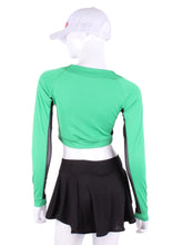 Load image into Gallery viewer, These short tops offer great chest and arm protection from the sun, but have mesh under the arm to keep you COOL while you play. Designed very short to allow for access to the back pocket on my court to cocktails tennis dresses!
