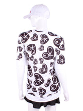 Load image into Gallery viewer, Random Black Heart Baggy Vee Tee The very comfortable Baggy Vee Tee is so cool and easy to wear.  For the lady that likes a little room when she plays - the feminine top is flowing in the air.  This random black heart on a white background has a white stripe down the sides, hem, collar, and cuff.
