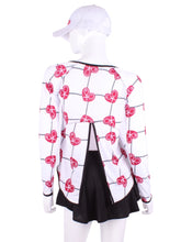 Load image into Gallery viewer, This is our limited edition Tie Back Long Sleeve Top Raspberry Red Hearts &amp; Net.  This piece has a silky and soft fabric. - by design.  Unique.  Luxurious.  Comfortable.  Cool.  Fun.
