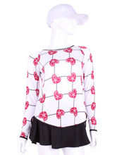 Load image into Gallery viewer, This is our limited edition Tie Back Long Sleeve Top Raspberry Red Hearts &amp; Net.  This piece has a silky and soft fabric. - by design.  Unique.  Luxurious.  Comfortable.  Cool.  Fun.
