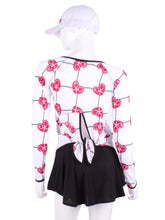 Load image into Gallery viewer, This is our limited edition Tie Back Long Sleeve Top Raspberry Red Hearts &amp; Net.  This piece has a silky and soft fabric. - by design.  Unique.  Luxurious.  Comfortable.  Cool.  Fun.
