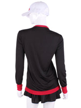 Load image into Gallery viewer,  Black Long Sleeve Very Vee Tee + Red Mesh. The collar and cuffs are accented with feminine mesh and the body is flowy and soft.  It’s called the Long Sleeve Very Vee Tee - because as you can see - the Vee is - well you know - VERY VEE!  For the tennis lady who loves to leave her chest open - but cover her arms (and other bits) this top is seductive in a sweet way!
