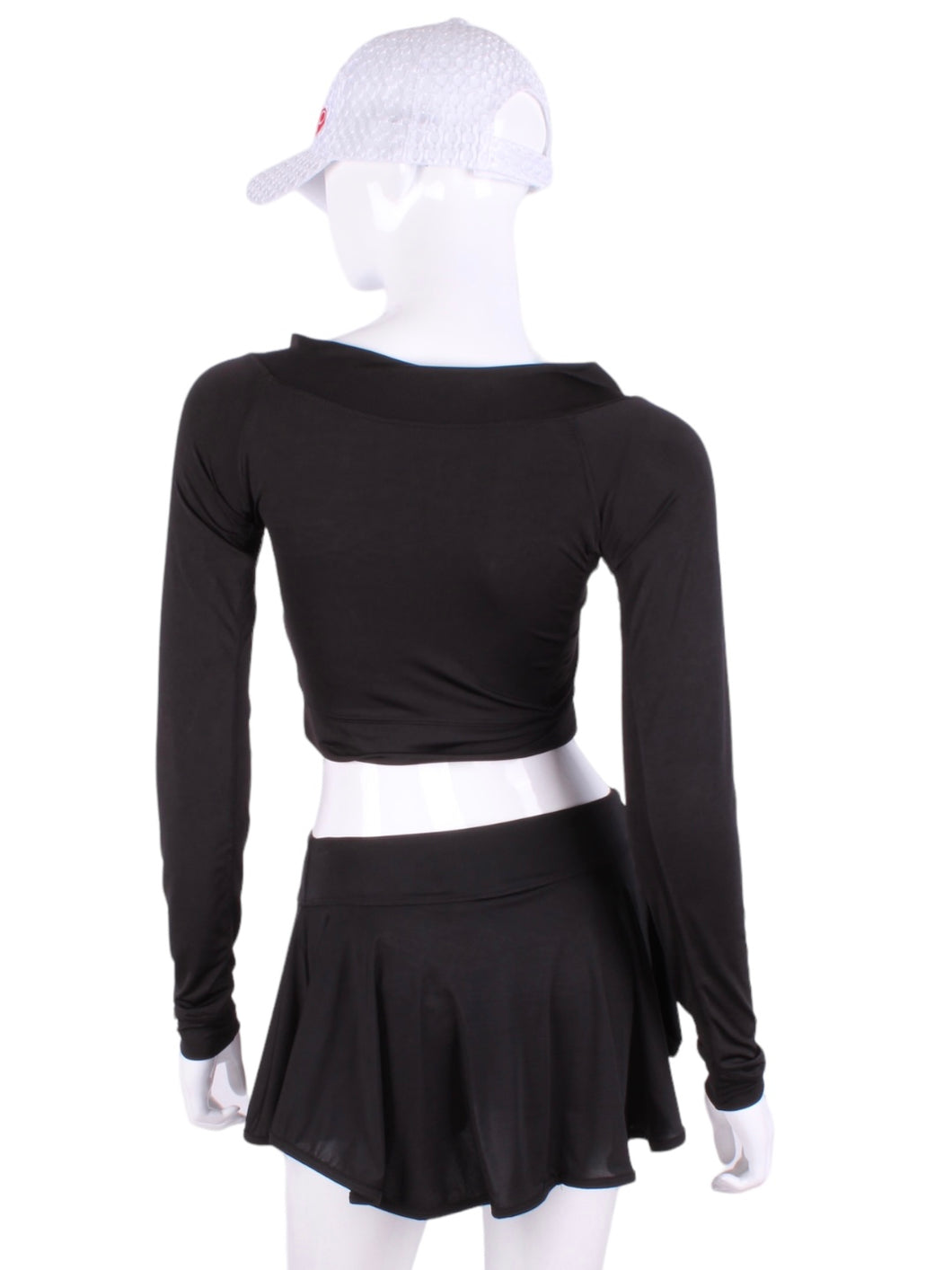 Black Vee Crop Top. This vee neckline tops arm protection from the sun, but have mesh under the arm to keep you COOL while you play.    Designed very short to allow for access to the back pocket on my court to cocktails tennis dresses.