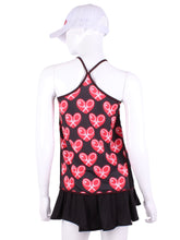 Load image into Gallery viewer, Mid Heart + Black Mesh Tiny Tank. Very light and cool - this top is for a tennis player who either doesn’t wear a sports bra OR wears one under.  This top is not supportive.  It’s more of a feather draping over your chest!  The sides have a triangle of mesh - for extra air - as if....  The closest thing to a bikini that’s appropriate for for tennis!  If you don’t fear the sun on your body - and love being air conditioned - then this is the top for you!!!
