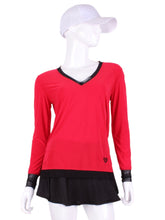Load image into Gallery viewer, Bright Red Long Sleeve Very Vee Tee w/ Black Mesh. This top is soooo gorgeous!  The collar and cuffs are accented with feminine mesh and the body is flowy and soft.  It’s called the Long Sleeve Very Vee Tee - because as you can see - the Vee is - well you know - VERY VEE!  For the tennis lady who loves to leave her chest open - but cover her arms (and other bits) this top is seductive in a sweet way!  You feel nearly naked in it.  So go ahead - hit that ace!  Flattering and free - that’s what this top is.

