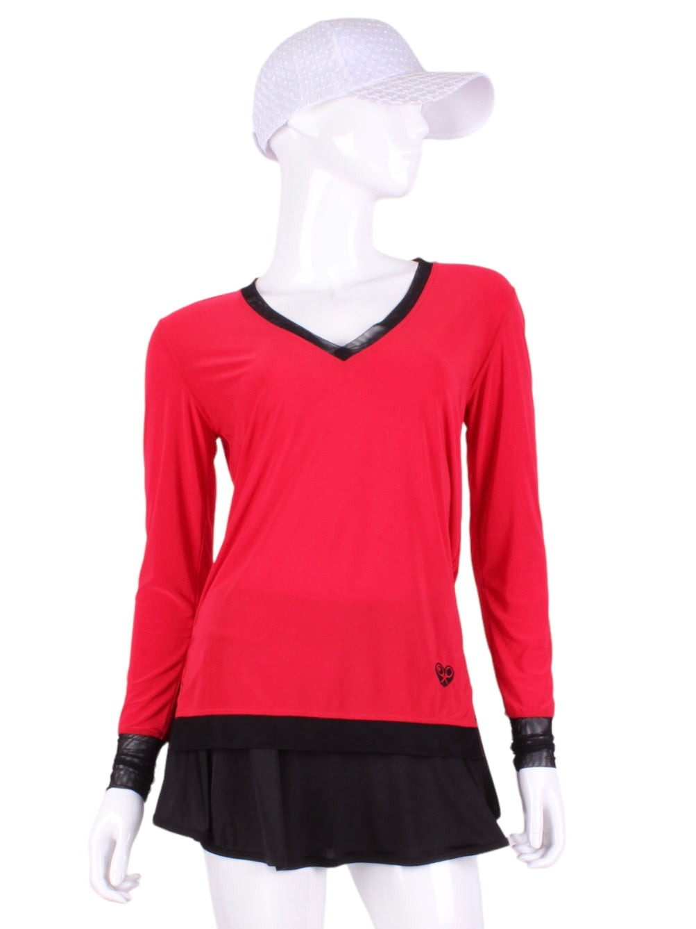 Bright Red Long Sleeve Very Vee Tee w/ Black Mesh. This top is soooo gorgeous!  The collar and cuffs are accented with feminine mesh and the body is flowy and soft.  It’s called the Long Sleeve Very Vee Tee - because as you can see - the Vee is - well you know - VERY VEE!  For the tennis lady who loves to leave her chest open - but cover her arms (and other bits) this top is seductive in a sweet way!  You feel nearly naked in it.  So go ahead - hit that ace!  Flattering and free - that’s what this top is.