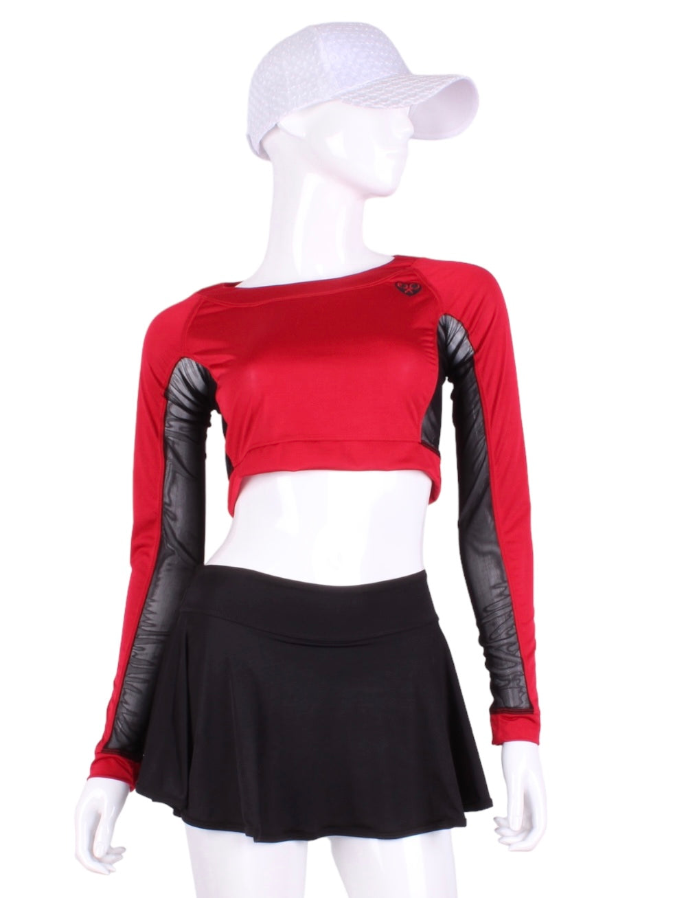 Red + Black Mesh Crop Top. These short tops offer great chest and arm protection from the sun, but have mesh under the arm to keep you COOL while you play.  Designed very short to allow for access to the back pocket on my court to cocktails tennis dresses.