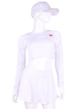 Load image into Gallery viewer, White + White Mesh Crop Top. These short tops offer great chest and arm protection from the sun, but have mesh under the arm to keep you COOL while you play.  Designed very short to allow for access to the back pocket on my court to cocktails tennis dresses.
