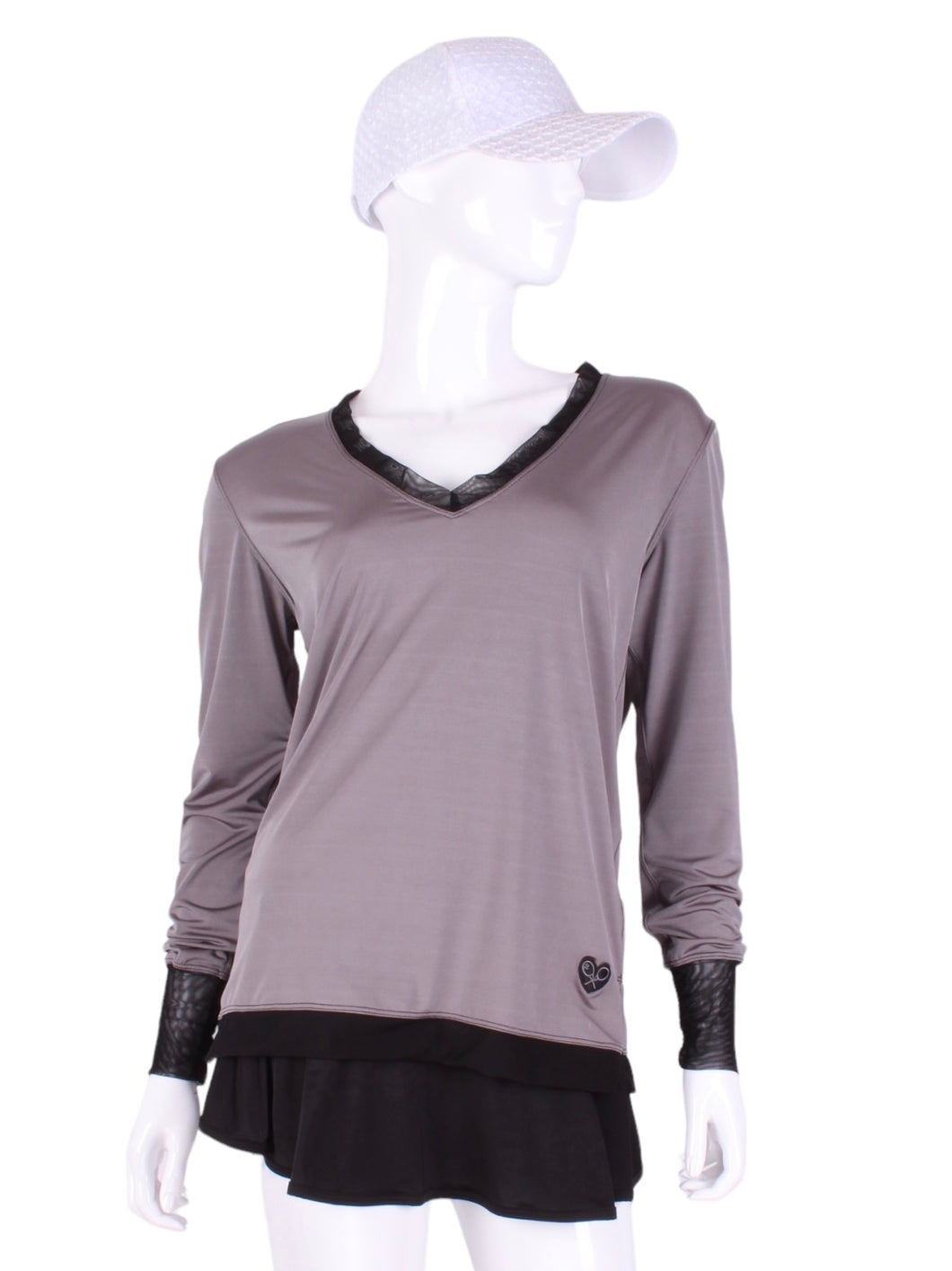 Grey Long Sleeve Very Vee Tee w/ Black Mesh. For the tennis lady who loves to leave her chest open - but cover her arms (and other bits) this top is seductive in a sweet way!  You feel nearly naked in it.  So go ahead - hit that ace!  Flattering and free - that’s what this top is.  The most preppy of my tops - looks just as good tied around the shoulders as it does on! 