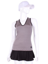 Load image into Gallery viewer, Straight Back Vee Tank Grey. The simply elegant Vee Tank has a little vee in the front and a straight back.  Designed by a tennis player for comfort AND luxury - the pattern is made for a real woman’s body with curves and all!  The material is stretchy and soft.  As with all of our apparel - it’s designed and hand made in Downtown Los Angeles - from imported fabric.
