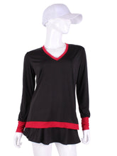 Load image into Gallery viewer,  Black Long Sleeve Very Vee Tee + Red Mesh. The collar and cuffs are accented with feminine mesh and the body is flowy and soft.  It’s called the Long Sleeve Very Vee Tee - because as you can see - the Vee is - well you know - VERY VEE!  For the tennis lady who loves to leave her chest open - but cover her arms (and other bits) this top is seductive in a sweet way!
