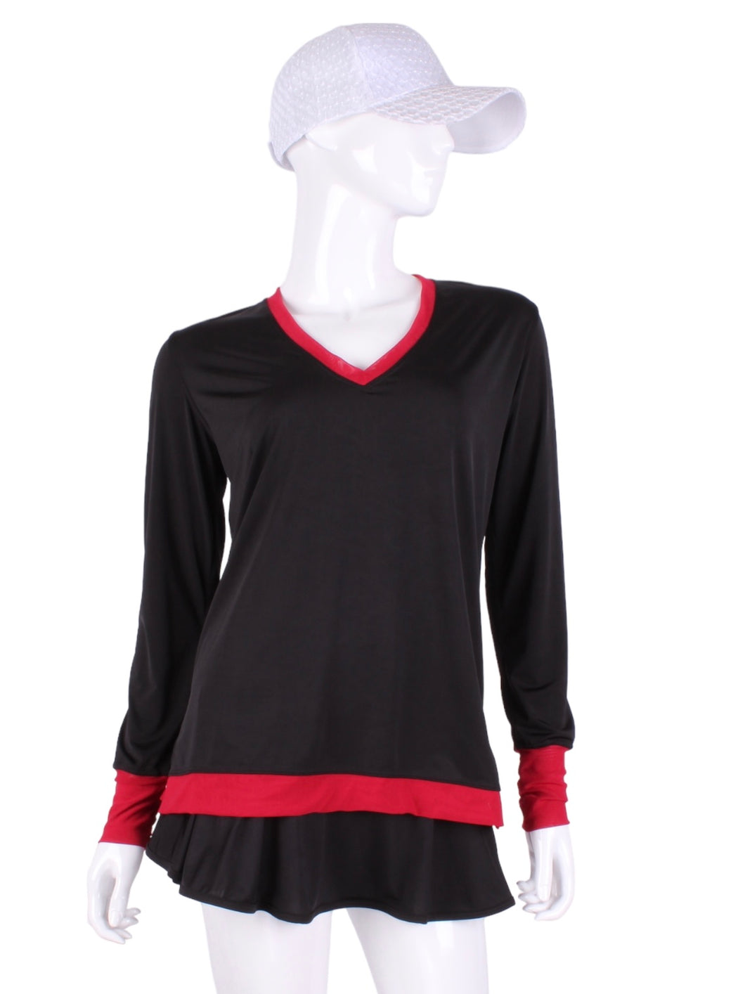  Black Long Sleeve Very Vee Tee + Red Mesh. The collar and cuffs are accented with feminine mesh and the body is flowy and soft.  It’s called the Long Sleeve Very Vee Tee - because as you can see - the Vee is - well you know - VERY VEE!  For the tennis lady who loves to leave her chest open - but cover her arms (and other bits) this top is seductive in a sweet way!