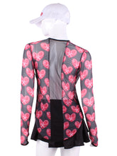 Load image into Gallery viewer,    Heart Mesh Red + Black Mesh Long Sleeve Crew Tee. The super cool and totally see-though Long Sleeve Crew Tee!  I designed this top to look flattering AND allow maximum air flow through my mesh back and side panels.  The harder you play - the more SWOOSH OF AIR FLOW you create.  Be your own FAN.  Literally.  Keep cool.  Keep shaded.  Keep dry.  Look awesome.
