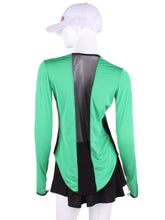 Load image into Gallery viewer, Longer Green + Black Mesh Long Sleeve Crew Tee. The most coverage of all my tops - with the Long Sleeve Crew Tee you can cover your chest AND your arms and back of hands thanks to the thumb hole.  However - you still stay cool!  I designed this top to look flattering AND allow maximum air flow through my mesh back and side panels.  The harder you play - the more SWOOSH OF AIR FLOW you create.  Be your own FAN.  Literally.  Keep cool.  Keep shaded.  Keep dry.  Look awesome.
