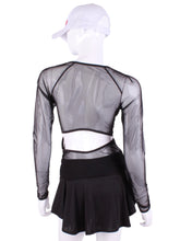 Load image into Gallery viewer,  Black Mesh Open Back Long Sleeve Crew Tee. Long Sleeve and Crew Neck but open back black mesh - completely see through and cool - with a soft layer of thin fabric.  I designed this top to look flattering AND allow maximum air flow through my mesh back and side panels.  The harder you play - the more SWOOSH OF AIR FLOW you create.  Be your own FAN.  Literally.  Keep cool.  Keep shaded.  Keep dry.  Look awesome.
