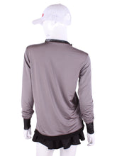 Load image into Gallery viewer, Grey Long Sleeve Very Vee Tee w/ Black Mesh. For the tennis lady who loves to leave her chest open - but cover her arms (and other bits) this top is seductive in a sweet way!  You feel nearly naked in it.  So go ahead - hit that ace!  Flattering and free - that’s what this top is.  The most preppy of my tops - looks just as good tied around the shoulders as it does on! 
