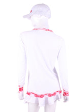 Load image into Gallery viewer, White Long Sleeve Very Vee Tee with Heart Trim. This top is soooo gorgeous!  The collar and cuffs are accented with feminine mesh and the body is flowy and soft.  It’s called the Long Sleeve Very Vee Tee - because as you can see - the Vee is - well you know - VERY VEE!  For the tennis lady who loves to leave her chest open - but cover her arms (and other bits) this top is seductive in a sweet way!
