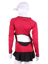 Load image into Gallery viewer, Red Raspberry Open Back Long Sleeve Crew. This all new Open Back Long Sleeve Crew can be worn with a skirt or our Court 🎾 to Cocktails 🍸 Tennis Dresses to have access to the back pocket.  Made with a little thicker fabric you can have sun protection and warmth (everywhere but the small of your back)!  Every print was uniquely designed by Adeline and the pieces were sewn in downtown Los Angeles.  Made with loads of ♥️
