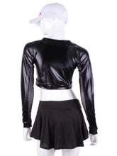Load image into Gallery viewer, Pleather Black + Black Mesh Crop Top. These short tops offer great chest and arm protection from the sun, but have mesh under the arm to keep you COOL while you play.  Designed very short to allow for access to the back pocket on my court to cocktails tennis dresses.
