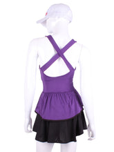 Load image into Gallery viewer, Ruffle Tank Tennis Top Purple. An elegant tennis ruffle top - silky soft - light - and quick-drying breathable fabric.   Scoop neckline front and crossed back with two-needle cover stitch at each seam.   Smooth binding finishes the edges with class.  The most comfortable and feminine tennis top.  These pieces run small for a more petite woman - under 5’8” - for the medium max 34 D
