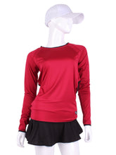 Load image into Gallery viewer, Red Raspberry Open Back Long Sleeve Crew. This all new Open Back Long Sleeve Crew can be worn with a skirt or our Court 🎾 to Cocktails 🍸 Tennis Dresses to have access to the back pocket.  Made with a little thicker fabric you can have sun protection and warmth (everywhere but the small of your back)!  Every print was uniquely designed by Adeline and the pieces were sewn in downtown Los Angeles.  Made with loads of ♥️
