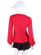 Load image into Gallery viewer, Solid Red Long Sleeve Warm Up Top This long sleeve top is the most feminine and flowing of my collection.  It is comfortable with binding on the neckline, poofy at the wrists and soft hem at the hips.  The fabrics are super soft yet warm.    Fully machine washable.  Hang to dry.  Designed by Adeline, and proudly sewn in Los Angeles from lovely imported fabric.
