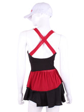 Load image into Gallery viewer, Ruffle Tank Tennis Top Black &amp; Red Mesh. An elegant tennis ruffle top - silky soft - light - and quick-drying breathable fabric.   Scoop neckline front and crossed back with two-needle cover stitch at each seam.   Smooth binding finishes the edges with class.  The most comfortable and feminine tennis top.  These pieces run small for a more petite woman - under 5’8” - for the medium max 34 D
