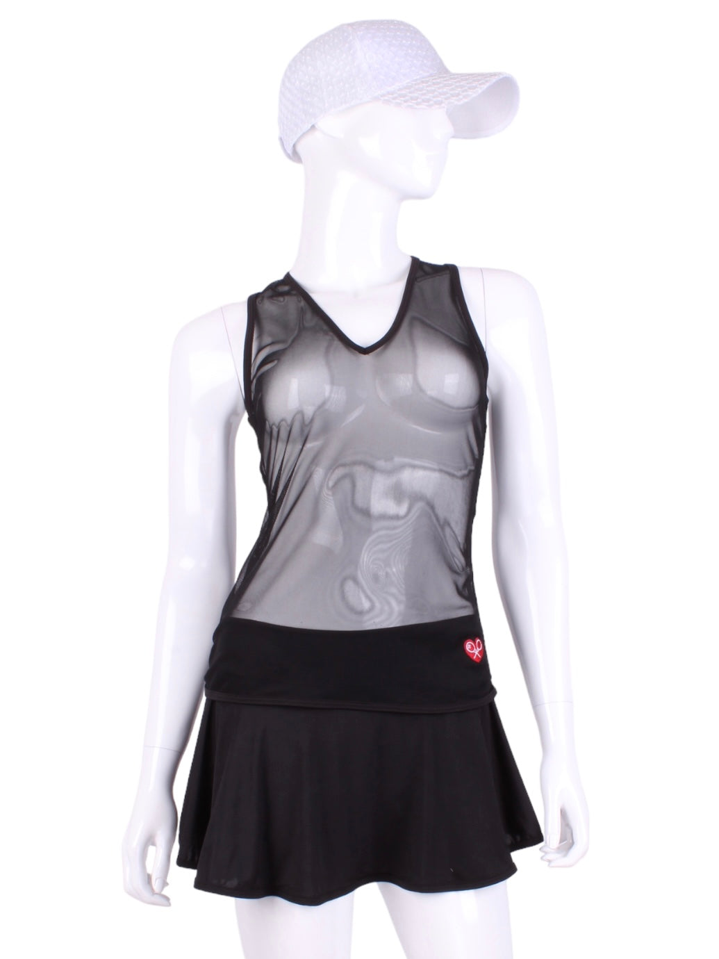 Straight Back Vee Tank Black All Mesh. The simply elegant Vee Tank has a little vee in the front and a straight back.  Designed by a tennis player for comfort AND luxury - the pattern is made for a real woman’s body with curves and all!  The material is stretchy and soft.  As with all of our apparel - it’s designed and hand made in Downtown Los Angeles - from imported fabric.