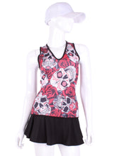 Load image into Gallery viewer, Straight Back Vee Tank Skulls The simply elegant Vee Tank has a little vee in the front and a straight back.  Designed by a tennis player for comfort AND luxury - the pattern is made for a real woman’s body with curves and all!  The material is stretchy and soft.  As with all of our apparel - it’s designed and hand made in Downtown Los Angeles - from imported fabric.
