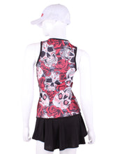 Load image into Gallery viewer, Straight Back Vee Tank Skulls The simply elegant Vee Tank has a little vee in the front and a straight back.  Designed by a tennis player for comfort AND luxury - the pattern is made for a real woman’s body with curves and all!  The material is stretchy and soft.  As with all of our apparel - it’s designed and hand made in Downtown Los Angeles - from imported fabric.
