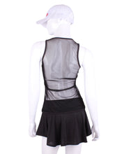 Load image into Gallery viewer, Straight Back Vee Tank Black All Mesh. The simply elegant Vee Tank has a little vee in the front and a straight back.  Designed by a tennis player for comfort AND luxury - the pattern is made for a real woman’s body with curves and all!  The material is stretchy and soft.  As with all of our apparel - it’s designed and hand made in Downtown Los Angeles - from imported fabric.

