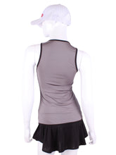 Load image into Gallery viewer, Straight Back Vee Tank Grey. The simply elegant Vee Tank has a little vee in the front and a straight back.  Designed by a tennis player for comfort AND luxury - the pattern is made for a real woman’s body with curves and all!  The material is stretchy and soft.  As with all of our apparel - it’s designed and hand made in Downtown Los Angeles - from imported fabric.
