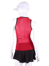 Load image into Gallery viewer, Red Mesh Vee Tank Straight Back with Black Trim. An elegant tennis tank top - silky soft Mesh - light - and quick drying breathable fabric.  Vee front and tee back with two needle cover stitch at each seam.  Smooth binding finishes the edges with class.  The most comfortable and feminine tennis top.
