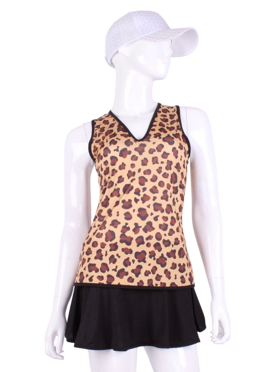 Leopard Vee Tank. A fun tennis tank top - with Leopard Bring - and quick-drying breathable fabric.  Vee front and tee back with two-needle cover stitches at each seam.   Smooth black binding and black stitching finishes the edges with a touch of sass.  