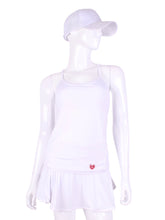 Load image into Gallery viewer, White Tiny Tank with White Mesh. This is my top with the least coverage.  Aptly named the Tiny Tank!  It has a deep scoop neckline and strappy cross back.   Very light and cool (and sexy).  There is a bra spot to slide privacy cups inside (not included).  If you don’t fear the sun on your body - and love being air-conditioned - then this is the top for you!!!
