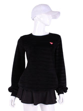 Load image into Gallery viewer, Striped Black Velvet Long Sleeve Warm Up Top. This long sleeve top is the most feminine and flowing of my collection.  It is comfortable with binding on the neckline, poofy at the wrists and soft hem at the hips.  The fabrics are super soft yet warm.    Fully machine washable.  Hang to dry.  Designed by Adeline, and proudly sewn in Los Angeles from lovely imported fabric.
