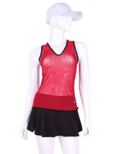 Load image into Gallery viewer, Red Mesh Vee Tank Straight Back with Black Trim. An elegant tennis tank top - silky soft Mesh - light - and quick drying breathable fabric.  Vee front and tee back with two needle cover stitch at each seam.  Smooth binding finishes the edges with class.  The most comfortable and feminine tennis top.
