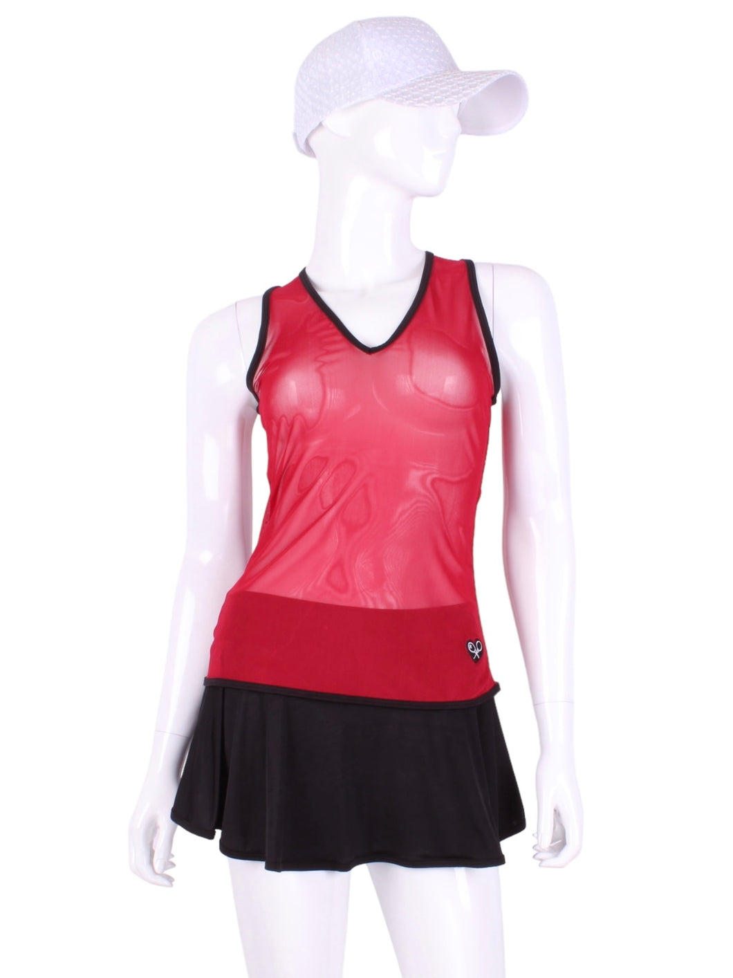 Red Mesh Vee Tank Straight Back with Black Trim. An elegant tennis tank top - silky soft Mesh - light - and quick drying breathable fabric.  Vee front and tee back with two needle cover stitch at each seam.  Smooth binding finishes the edges with class.  The most comfortable and feminine tennis top.