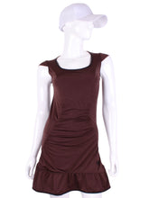 Load image into Gallery viewer, The Monroe Dress delicately shows your feminine curves. It is a fitted dress, until the bottom where there is a cute ruffle. These Brown pieces are very limited edition - only one made per size.

