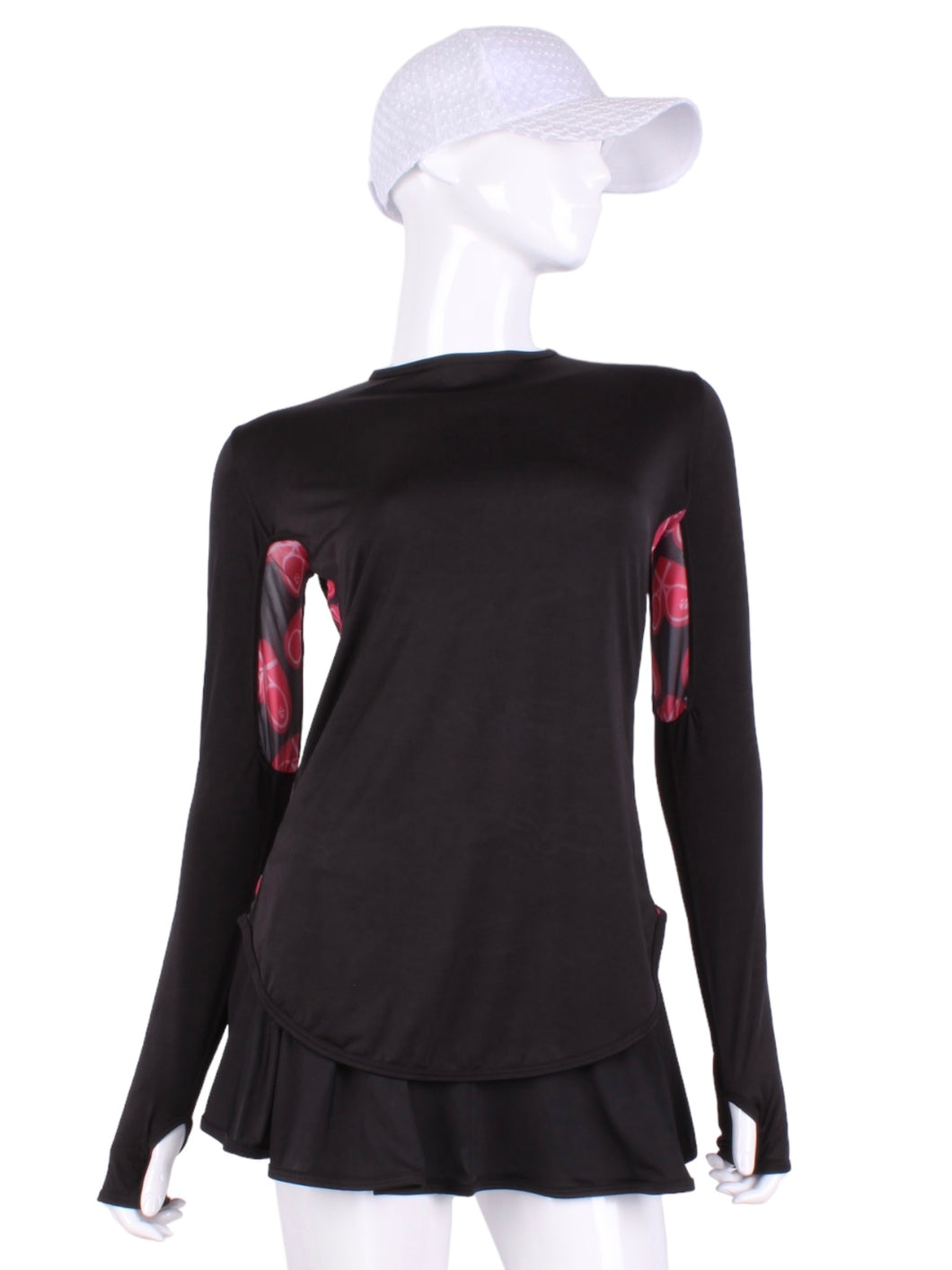    The super cool and totally see-though Long Sleeve Crew Tee!  I designed this top to look flattering AND allow maximum air flow through my mesh back and side panels.  The harder you play - the more SWOOSH OF AIR FLOW you create.  Be your own FAN.  Literally.  Keep cool.  Keep shaded.  Keep dry.  Look awesome.