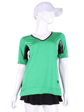Load image into Gallery viewer, Green Baggy Vee Tee. The very comfortable Baggy Vee Tee is so cool and easy to wear.  The sides are cool airy mesh to allow for &quot;flow&quot; whilst you play!  For the lady that likes a little room when she plays - this top is a little longer too.
