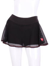Load image into Gallery viewer, This is our limited edition Black Tennis Net LOVE “O” Skirt!  Each Skirt is hand cut in ONE PIECE with no side seams!  It flows as you twirl on the court.
